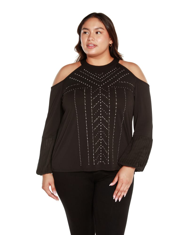 Front of a model wearing a size 1X Plus Size Embellished Cold-Shoulder Top in Black by Belldini Black Label. | dia_product_style_image_id:319271